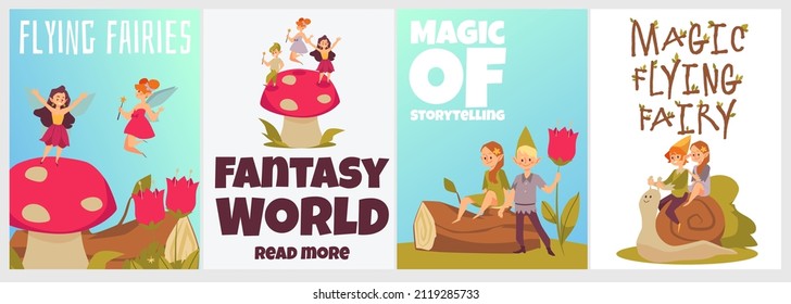 Little flying pixies or fairies with magic wands live in fantasy world. Set of posters with cute mythical elves from fairytale in flat vector illustration isolated on white or blue background