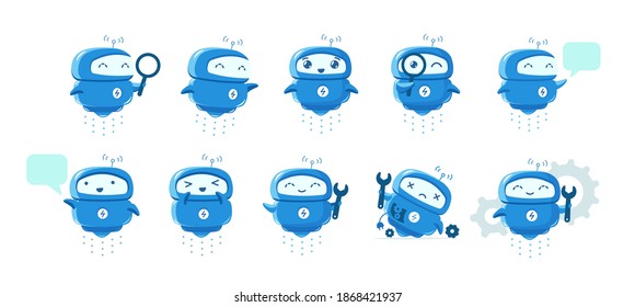 Pequeño juego de personajes de la mascota Robot voladora. Centro de servicios de soporte. Bot de chat. Buscar con magnificación. Para todas las tareas. Ilustración vectorial de dibujos animados.