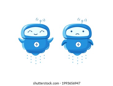 Little flying Robot mascot character. Good luck and bad luck. Joyful and sad. Chat bot. Cartoon vector illustration.