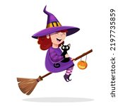 Little flying witch, Halloween party. A girl on a broom with a black cat and a pumpkin lantern, isolated graphics