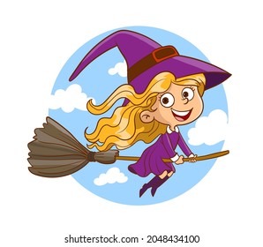 Little flying witch, Halloween party. A girl on a broom with a black cat and a pumpkin lantern, isolated graphics