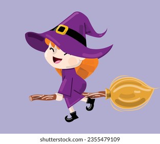 Little flying witch, Halloween party. A girl on a broom. Vector illustration.