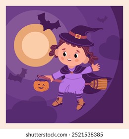 Little flying witch on night sky background, element for halloween party, invitation, greeting card. Girl on broom with festive pumpkin, isolated graphic.Vector illustration