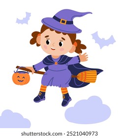 Little flying witch,element for halloween party,invitation,greeting card.Girl on broom with festive pumpkin,isolated graphic