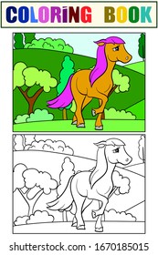 Little foal in a clearing. Set of coloring book and color picture for children. Vector illustration
