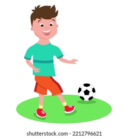 Little football player kicking a  ball at a match or training on a sports field. Vector cartoon illustration isolated on a white background.Cute little boy playing soccer kicking the football
