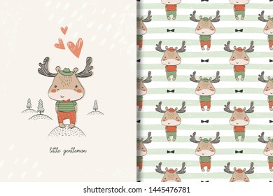 Little moosу forest animal character dressed. Baby card print template and seamless background pattern. Kids clothes design vector illustration.