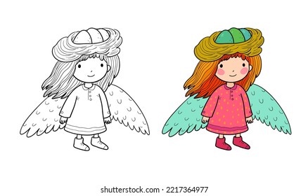 Little forest fairy. Cute funny girl with wings. forest angel.  Illustration for coloring books. Monochrome and colored versions.