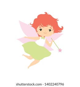 Little Forest Fairy Flying with Magic Wand, Lovely Fairy Girl Cartoon Character Vector Illustration