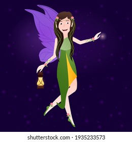 Little forest fairy holding latern, cartoon character on dark background, magical creature, fantasy world, kid flying in floral dress, carnaval costume, dreamlike elf