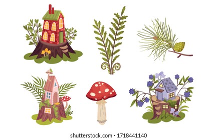 Little Forest Fairy Houses and Botany with Mushroom and Branches Vector Set