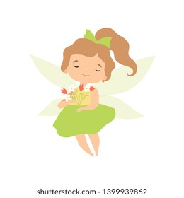 Little Forest Fairy, Lovely Fairy Girl Cartoon Character in Green Dress Flying with Wings Vector Illustration