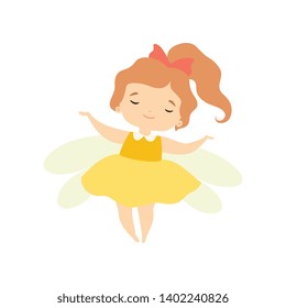 Little Forest Fairy, Lovely Fairy Girl Cartoon Character in Yellow Dress and Wings Vector Illustration