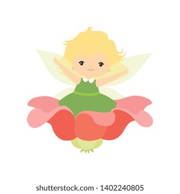 Little Forest Fairy Sitting on Flower, Lovely Fairy Blonde Girl Cartoon Character in Green Dress and Wings Vector Illustration