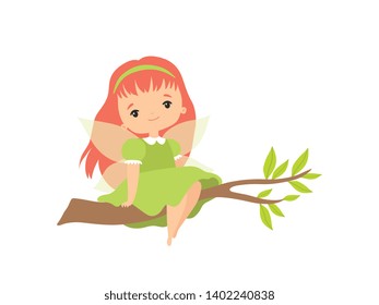 Little Forest Fairy Sitting on Tree Branch, Lovely Fairy Girl Cartoon Character with Red Hair and Wings Vector Illustration