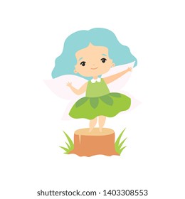Little Forest Fairy with Wings, Lovely Fairy Girl Cartoon Character Wearing Green Dress Vector Illustration