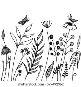 Little forest hand drawn, black and white, line art