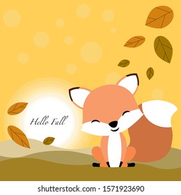 Little fox in Autumn concept. Hello fall card design. Nursery wall art. Printable vector illustration.