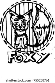 Little fox with big tail. Text "FOXY". Black and white print