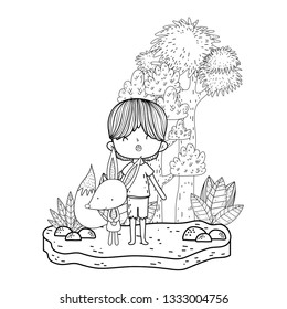 little fox with boy in the landscape characters