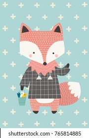 Little fox with a bucket. Vector illustration in Scandinavian style. Funny, cute poster.