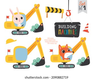 Little Fox And Bunny Working On A Digger Machine. Cartoon Excavator Illustration. Backhoe In The Working Area Funny Animal Cartoon, Vector Illustration