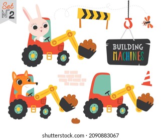 A little fox and bunny working on a digger machine. Cartoon excavator illustration. Backhoe in the working area funny animal cartoon, vector illustration