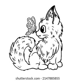 Little fox and butterfly vector illustration isolated on white background