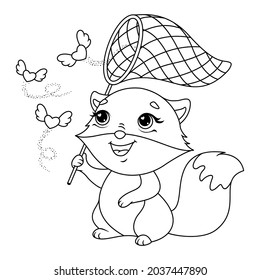 Little fox catches hearts coloring page. Vector cartoon illustration