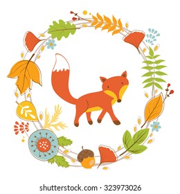 Little fox character in floral wreath colorful illustration in vector format