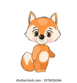 Little fox cub. Isolated object on a white background. Cheerful kind animal child. Cartoons flat style. Funny. Vector