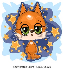 Little Fox. Cute funny animal on an abstract background with stars. Child. Cartoon style. Isolated on white. vector