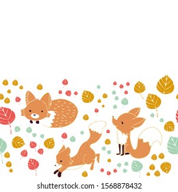 A little fox in different poses with many colored leaves in an autumn background