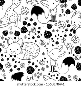 A little fox in different poses with many leaves in an autumn background