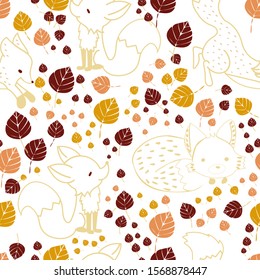 A little fox in different poses with many colored leaves in an autumn background