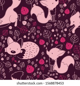 A little fox in different poses with many colored leaves in an autumn background