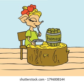 
Little fox eating honey on a chair, vector illustration