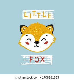 Little Fox Face. Cute Fox Head for Tee Print Design for Kids. Vector Cartoon Little Baby Animal. Scandinavian Card, Print or Poster Design