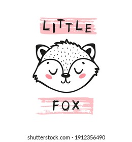 Little Fox Face. Doodle Cute Fox Head for Tee Print Design for Kids. Vector Cartoon Little Baby Animal. Scandinavian Card, Print or Poster Design