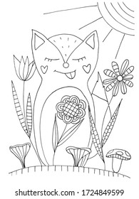 Little fox in flowers coloring page for children and adults in vector. Coloring book with small details.