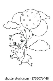 Little fox flying with balloons coloring page. Black and white cartoon illustration