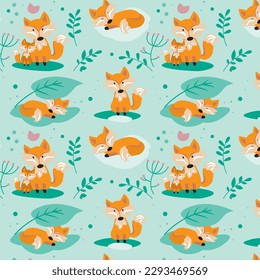 Little fox in forest seamless pattern collection for nursery. Cartoon vector illustration. Cute graphic print for kids. Design for baby room and textile.
