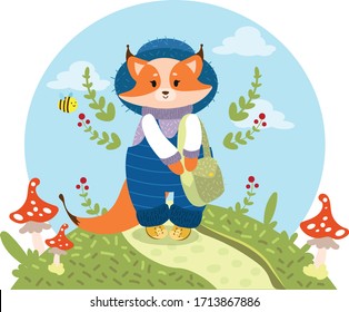 The little fox Foxy somewhere in the forest, gathering the mushrooms.