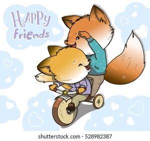 Little fox friends ride bikes