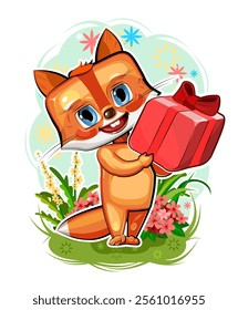 little fox gives a gift. Summer landscape. Sticker. Animal isolated on white background. Fun cartoon style. Vector