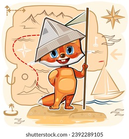 little fox goes on journey. Animal isolated on white background. Sticker. Fun cartoon style. Vector