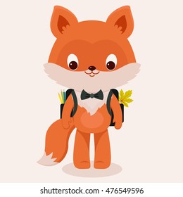 Little fox goes to school. Fox with a schoolbag. Autumn/fall season. Vector cartoon illustration