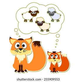 Little fox with his father dreaming about sheep. Vector illustration