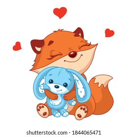 Little fox hugs toy bunny. Vector cartoon illustration