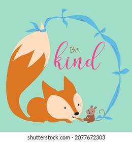 Little fox is kind to her hamster friend, friendship illustration for little children. Vector image, for textile design.